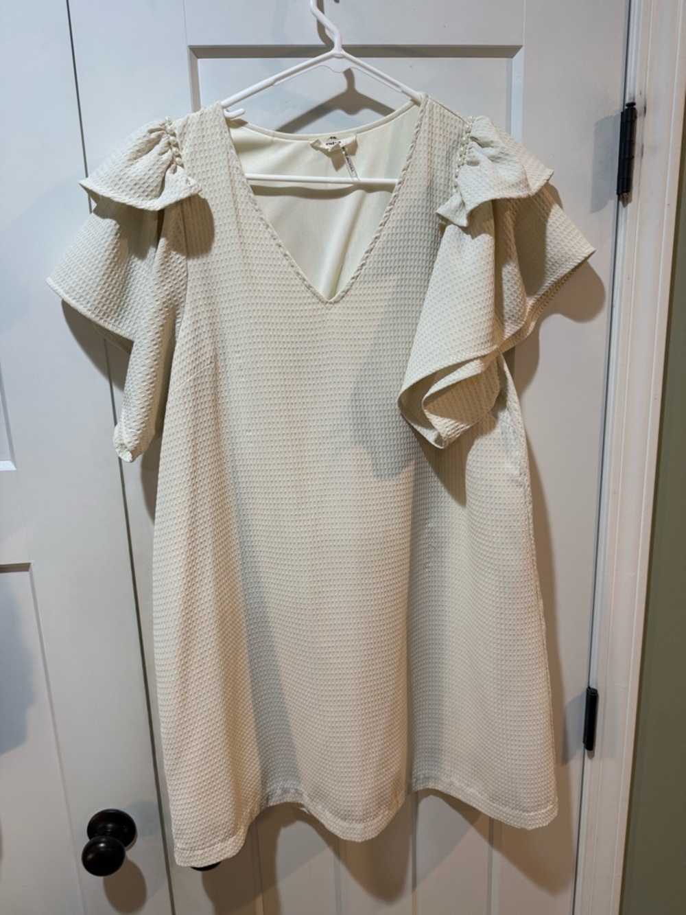 entro Cream Textured Mini Dress with Ruffle Sleeves